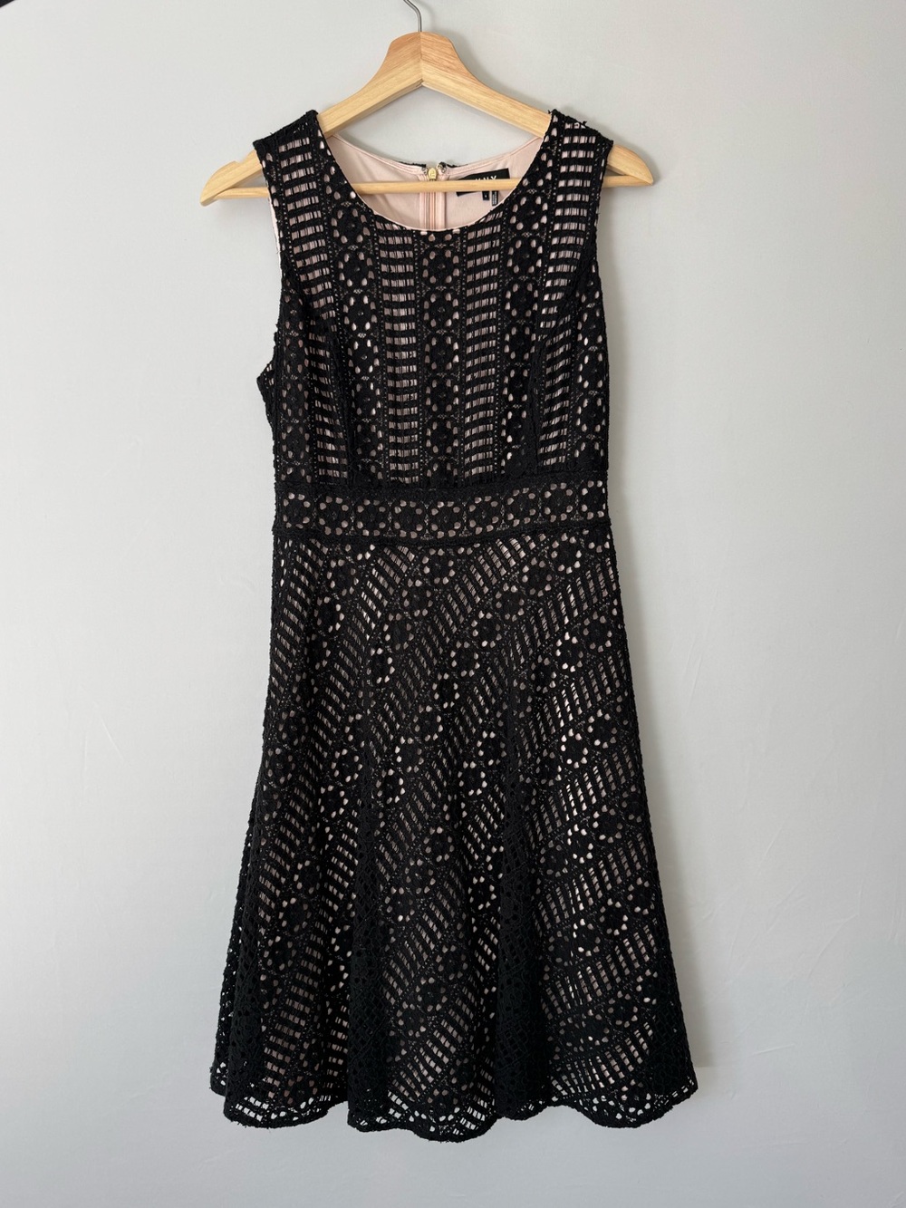 DKNY Black Lace Fit-and-Flare Midi Dress with blush pink Lining Size 6
